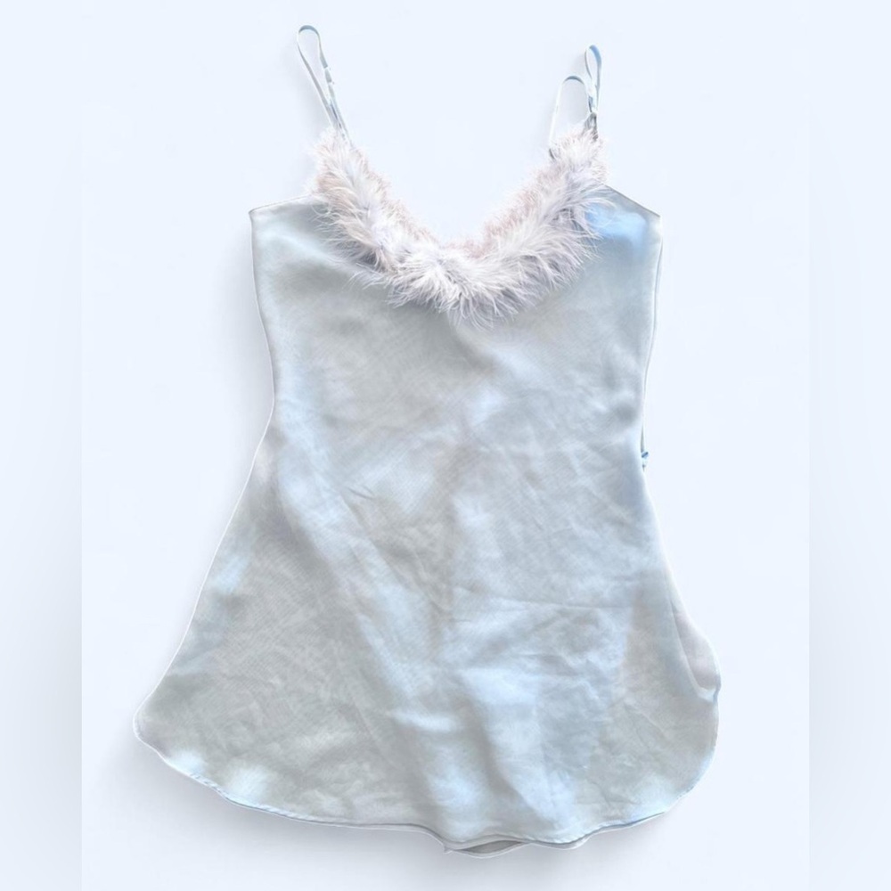 La Vie En Rose Women’s Baby Blue Feather Trim Holiday Lingerie Slip Dress Small - Picture 2 of 6